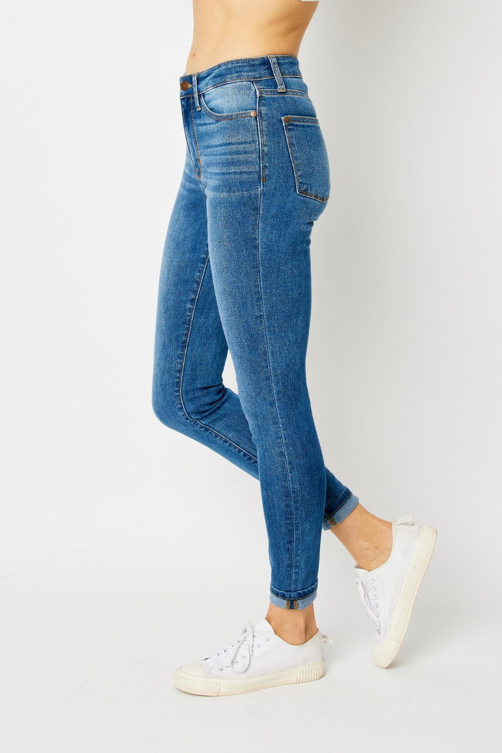 Judy Blue Full Size Cuffed Hem Low Waist Skinny Jeans - Fashionqueene.com-Judy Blue Full Size Cuffed Hem Low Waist Skinny Jeans