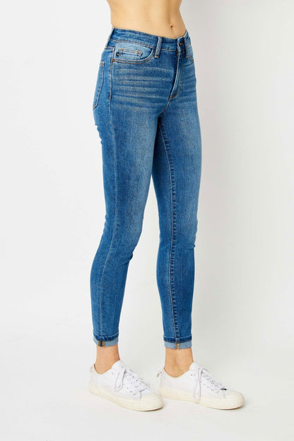 Judy Blue Full Size Cuffed Hem Low Waist Skinny Jeans - Fashionqueene.com-Judy Blue Full Size Cuffed Hem Low Waist Skinny Jeans