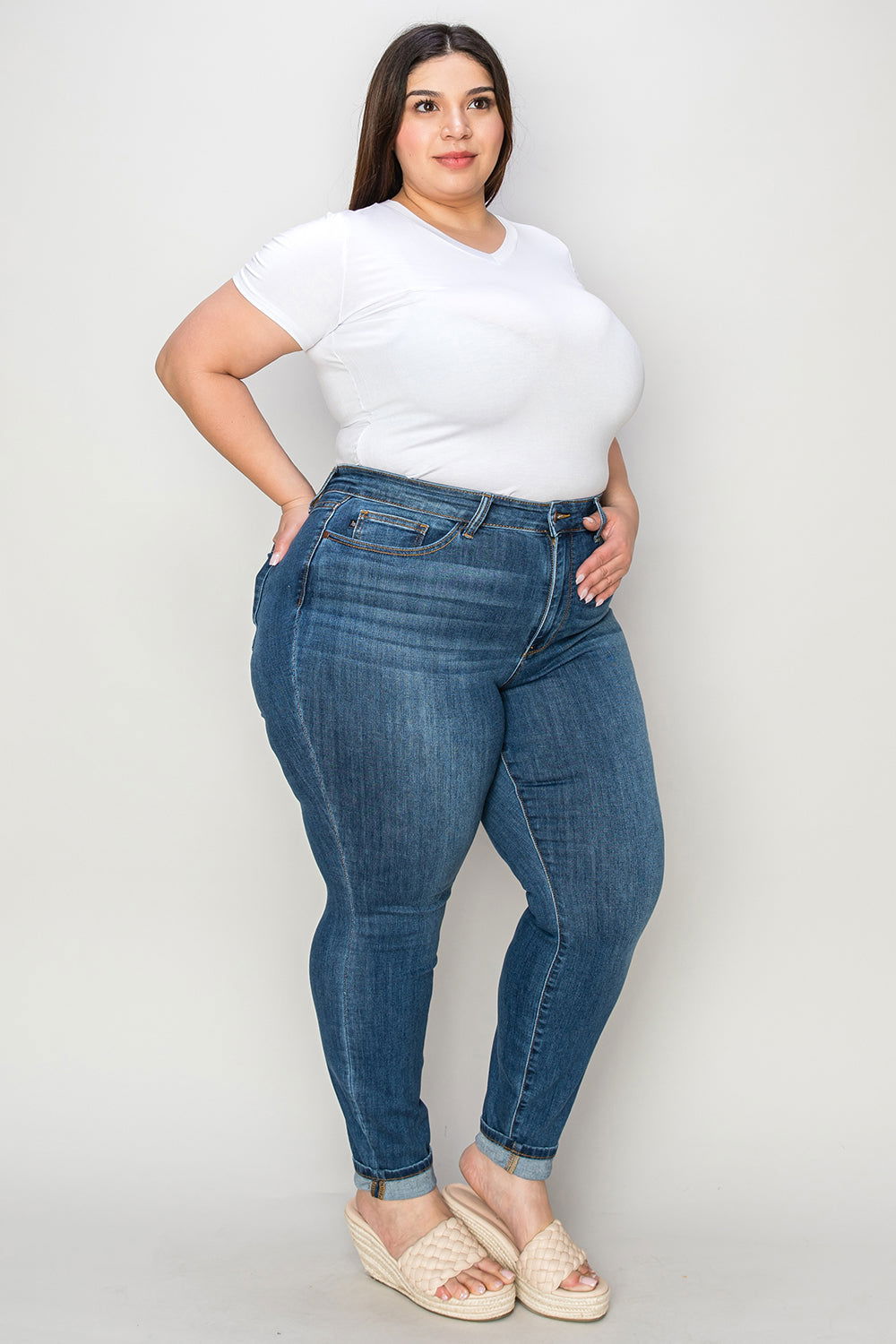 Judy Blue Full Size Cuffed Hem Low Waist Skinny Jeans - Fashionqueene.com-Judy Blue Full Size Cuffed Hem Low Waist Skinny Jeans