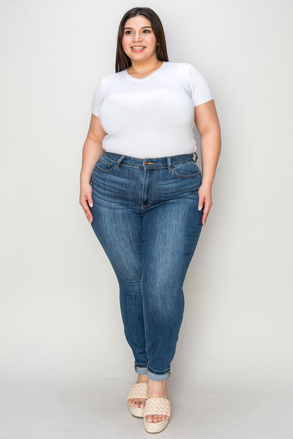 Judy Blue Full Size Cuffed Hem Low Waist Skinny Jeans - Fashionqueene.com-Judy Blue Full Size Cuffed Hem Low Waist Skinny Jeans