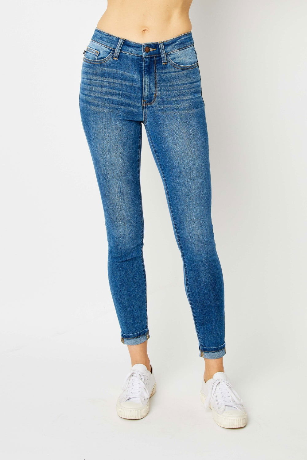 Judy Blue Full Size Cuffed Hem Low Waist Skinny Jeans - Fashionqueene.com-Judy Blue Full Size Cuffed Hem Low Waist Skinny Jeans