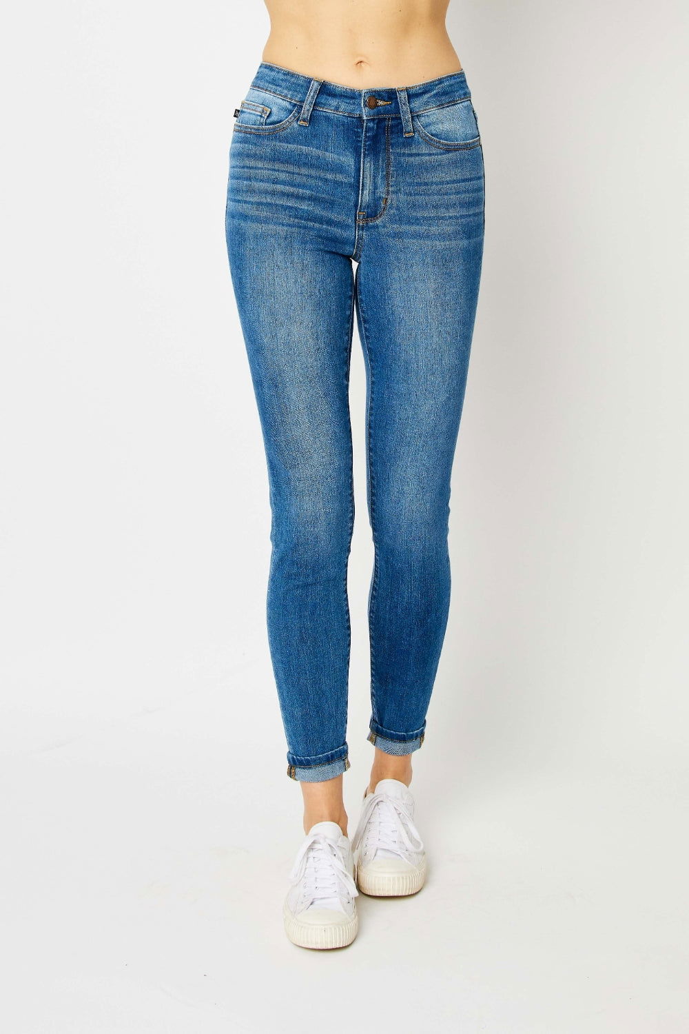 Judy Blue Full Size Cuffed Hem Low Waist Skinny Jeans - Fashionqueene.com-Judy Blue Full Size Cuffed Hem Low Waist Skinny Jeans