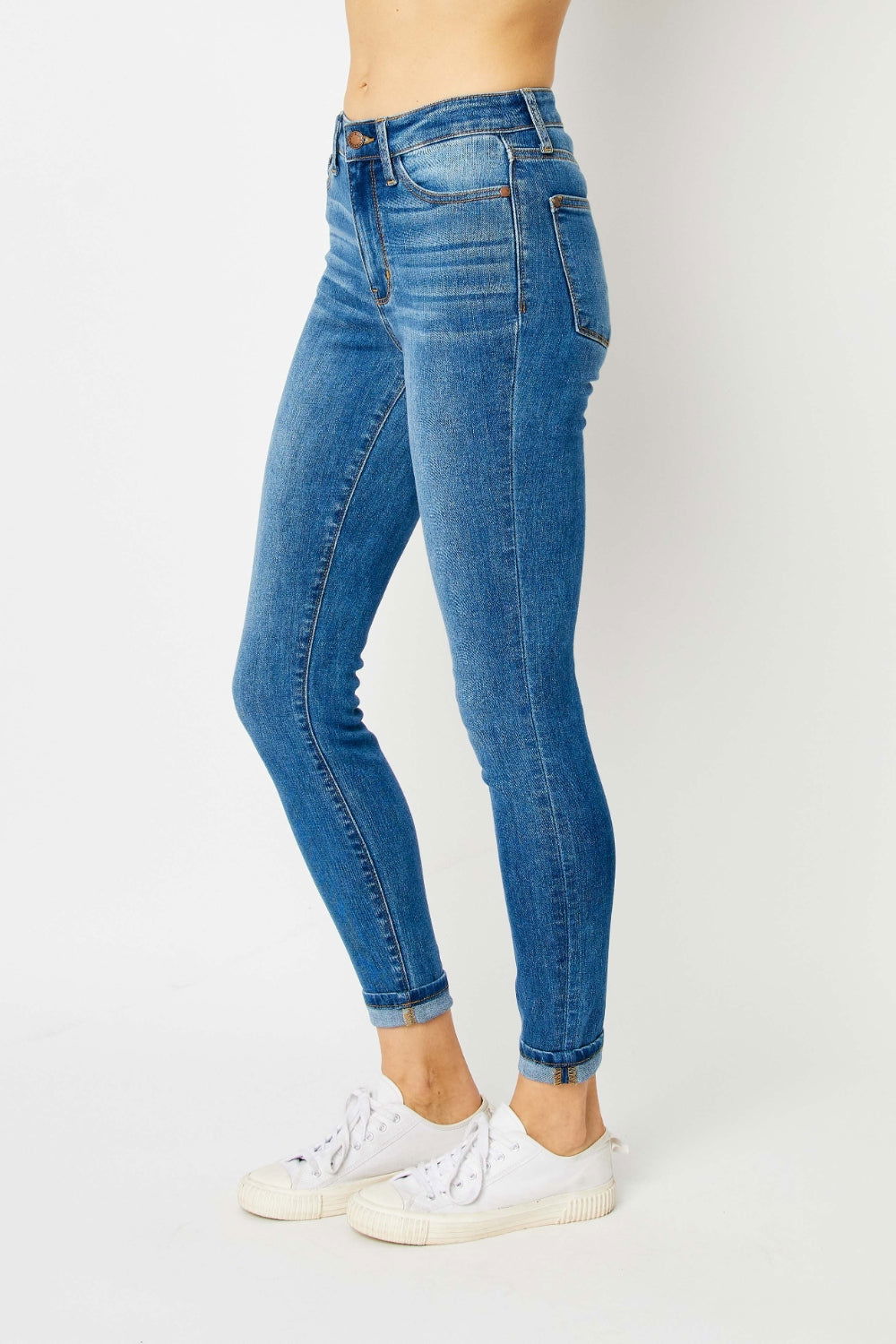 Judy Blue Full Size Cuffed Hem Low Waist Skinny Jeans - Fashionqueene.com-Judy Blue Full Size Cuffed Hem Low Waist Skinny Jeans