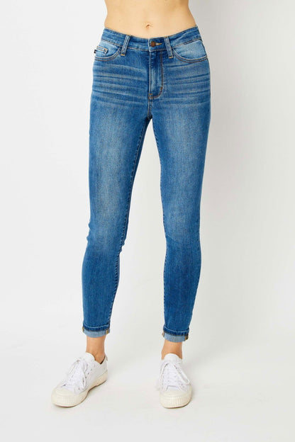 Judy Blue Full Size Cuffed Hem Low Waist Skinny Jeans - Fashionqueene.com-Judy Blue Full Size Cuffed Hem Low Waist Skinny Jeans