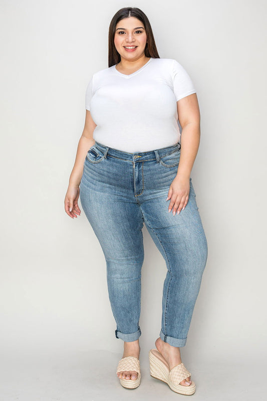 Judy Blue Full Size Cuffed Hem Low Waist Slim Jeans - Fashionqueene.com-Judy Blue Full Size Tummy Control High Waist Slim Jeans