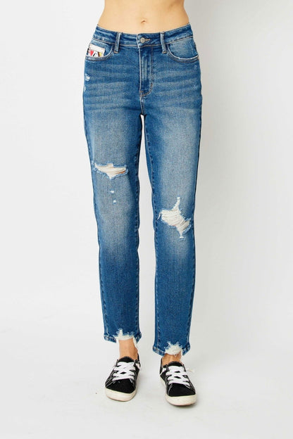 Judy Blue Full Size Distressed Slim Jeans - Fashionqueene.com-Judy Blue Full Size Distressed Slim Jeans