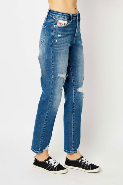 Judy Blue Full Size Distressed Slim Jeans - Fashionqueene.com-Judy Blue Full Size Distressed Slim Jeans