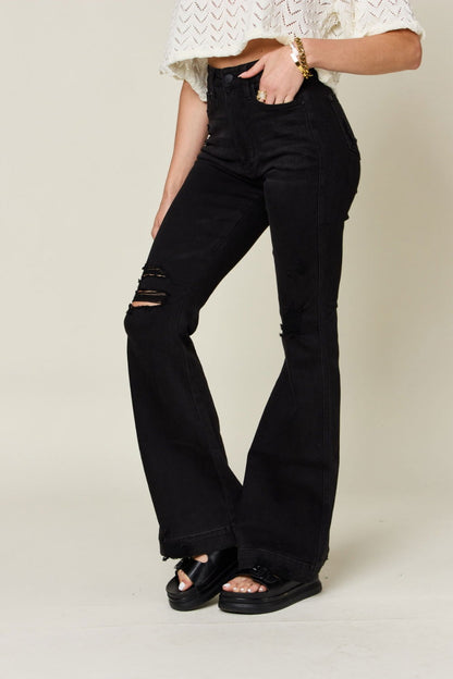 Judy Blue Full Size High Waist Distressed Flare Jeans - Fashionqueene.com-Pants