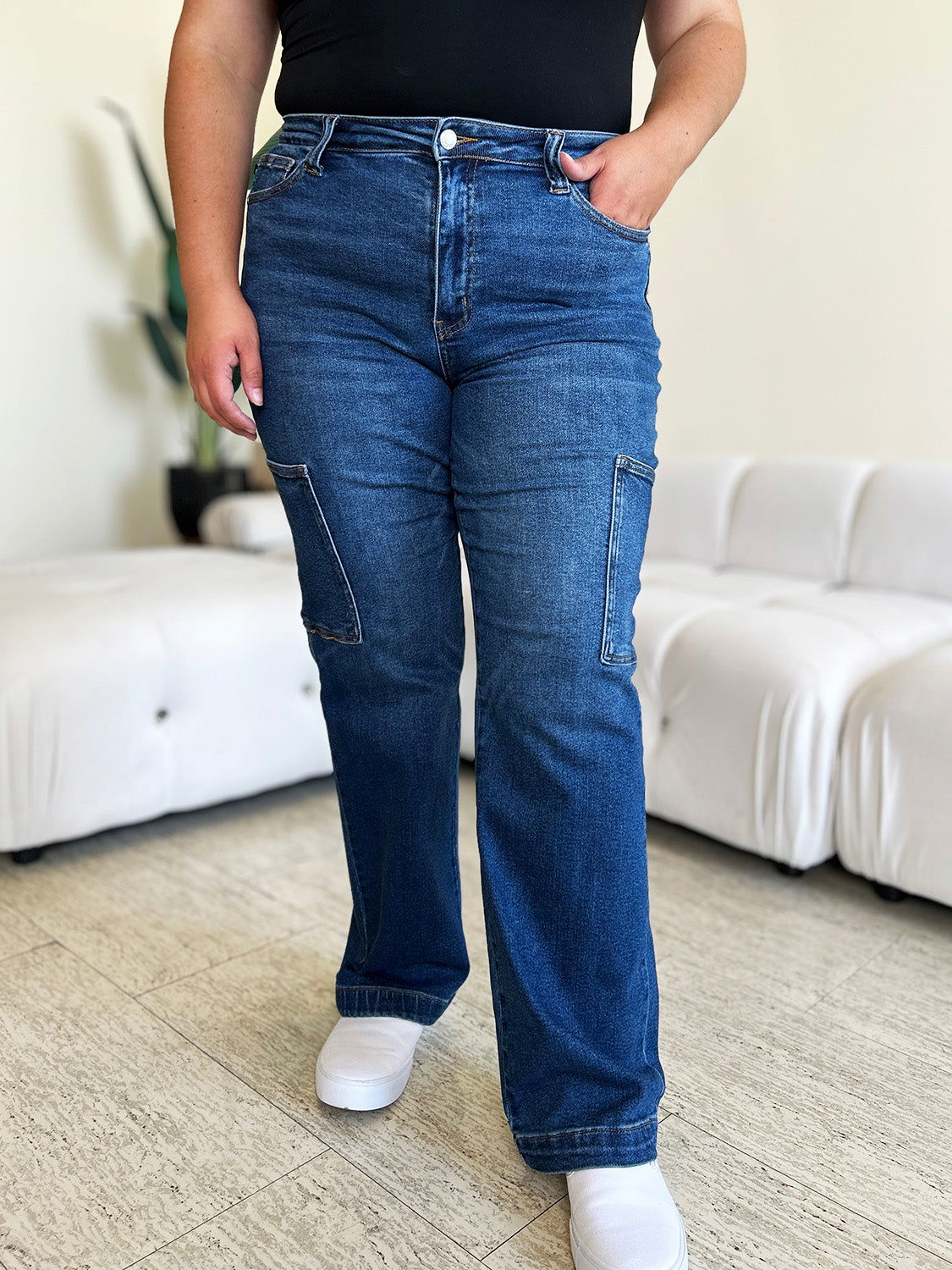 Judy Blue Full Size High Waist Straight Cargo Jeans - Fashionqueene.com-Judy Blue Full Size High Waist Straight Cargo Jeans