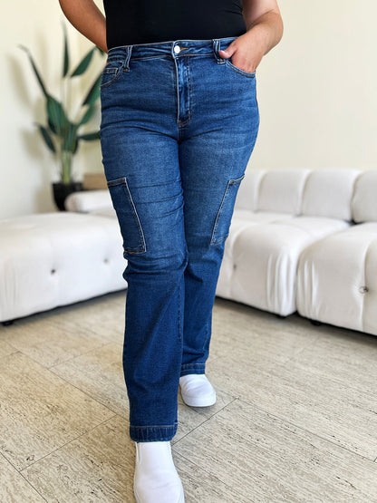 Judy Blue Full Size High Waist Straight Cargo Jeans - Fashionqueene.com-Judy Blue Full Size High Waist Straight Cargo Jeans