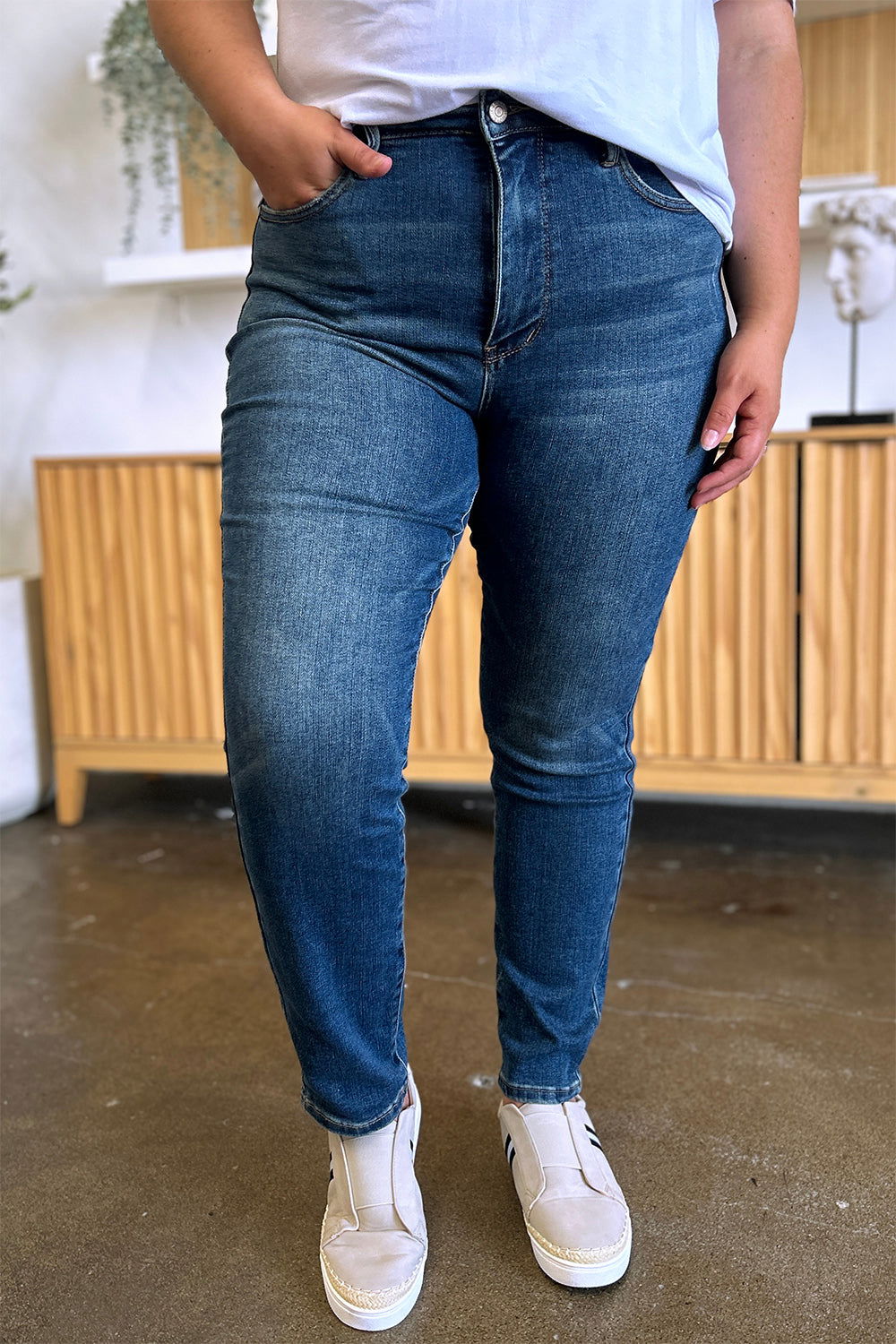 Judy Blue Full Size Tummy Control High Waist Slim Jeans - Fashionqueene.com-Judy Blue Full Size Tummy Control High Waist Slim Jeans