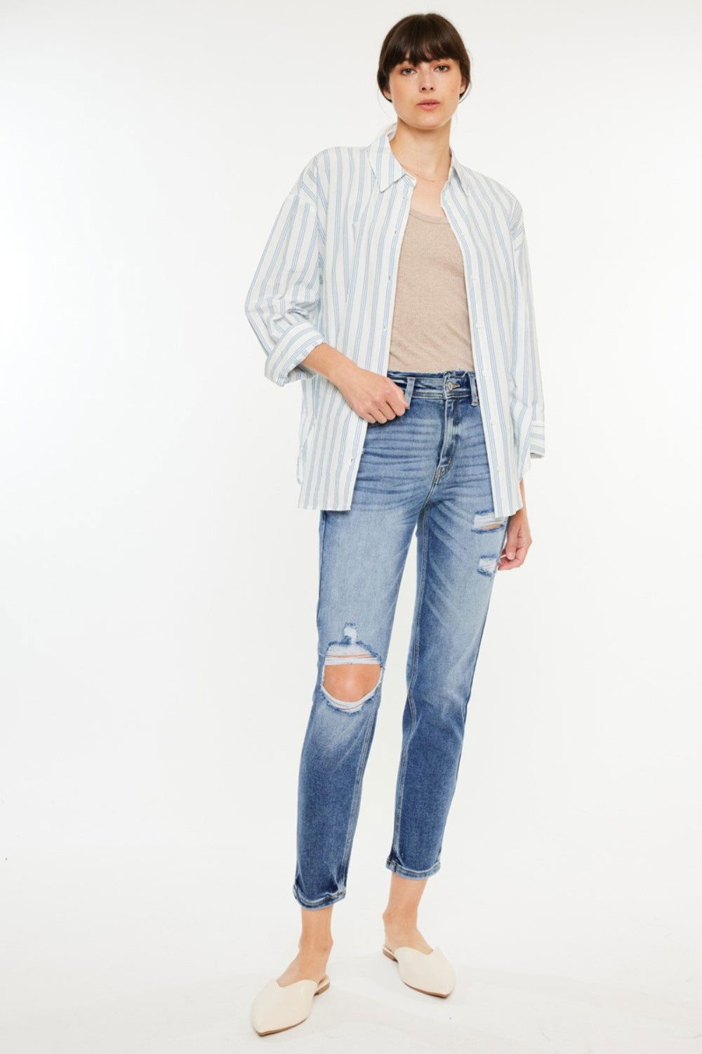 Kancan High Rise Distressed Mom Jeans - Fashionqueene.com-Kancan High Rise Distressed Mom Jeans