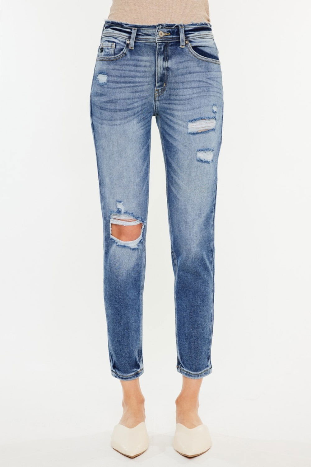 Kancan High Rise Distressed Mom Jeans - Fashionqueene.com-Kancan High Rise Distressed Mom Jeans