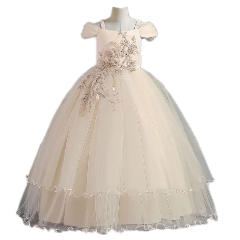 Kid Wedding Dresses for Girls Elegant Flower Princess Long Gown Baby Girl Christmas Dress vestidos infantil Size 6 12 14 Years - Fashionqueene.com-