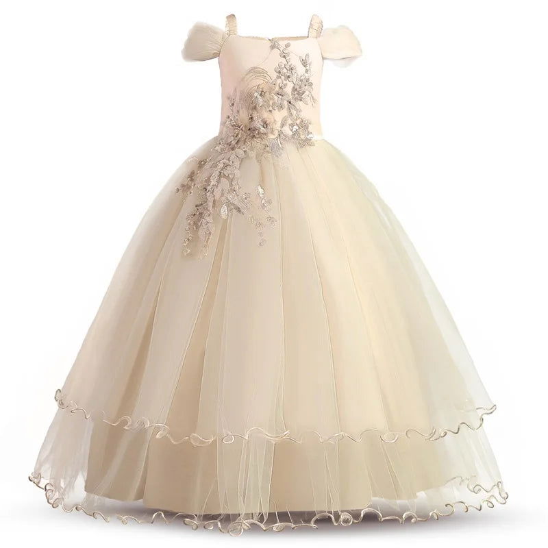 Kid Wedding Dresses for Girls Elegant Flower Princess Long Gown Baby Girl Christmas Dress vestidos infantil Size 6 12 14 Years - Fashionqueene.com-