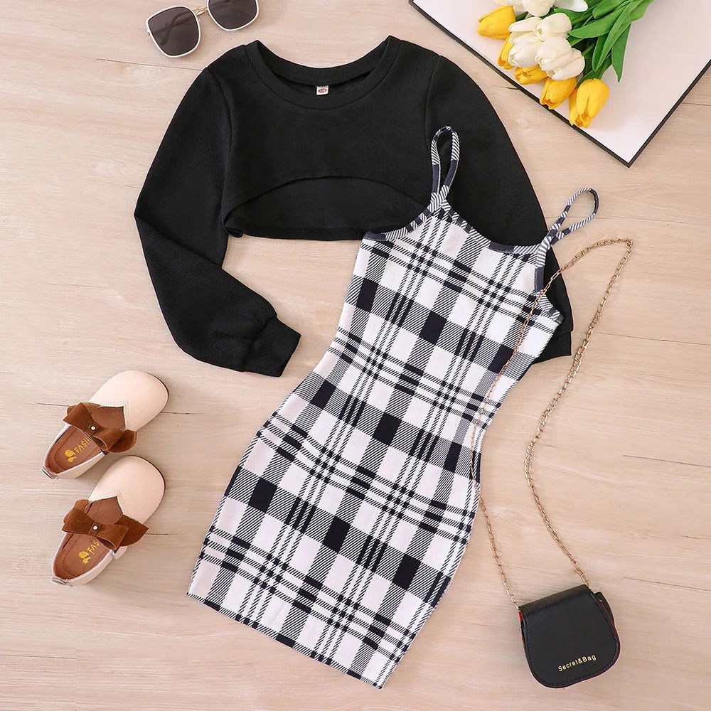 Kids Casual Clothing Sets Outfits for Girls 2023 Autumn Children Fashion Long Sleeve Short Tops Plaid Cami Bodycon Dress 5-14Y - Fashionqueene.com-outfit set