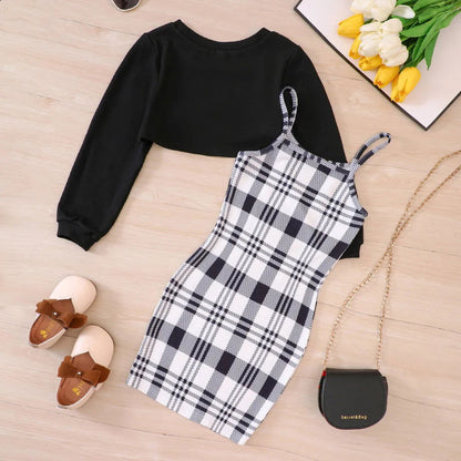 Kids Casual Clothing Sets Outfits for Girls 2023 Autumn Children Fashion Long Sleeve Short Tops Plaid Cami Bodycon Dress 5-14Y - Fashionqueene.com-outfit set