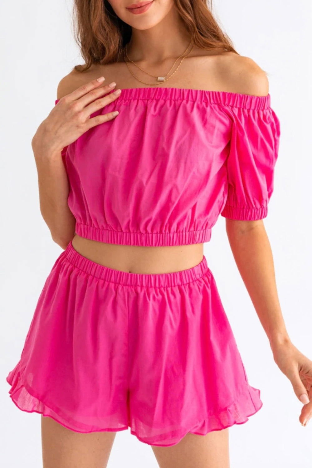 Le Lis Off Shoulder Crop Top and Ruffled Shorts Set - Fashionqueene.com-Le Lis Off Shoulder Crop Top and Ruffled Shorts Set