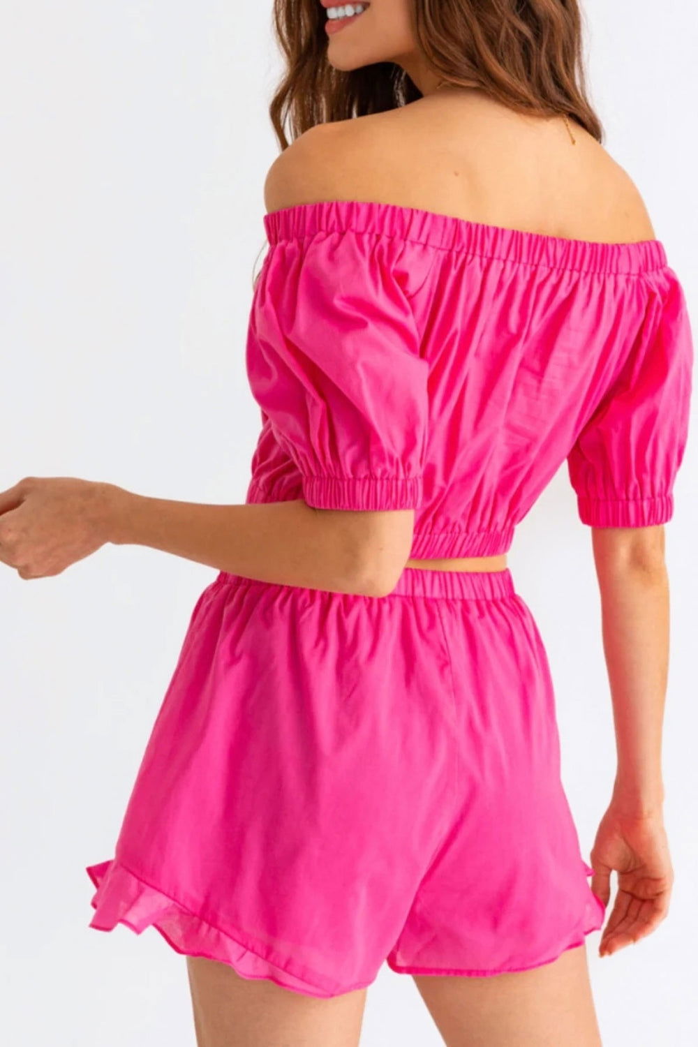 Le Lis Off Shoulder Crop Top and Ruffled Shorts Set - Fashionqueene.com-Le Lis Off Shoulder Crop Top and Ruffled Shorts Set