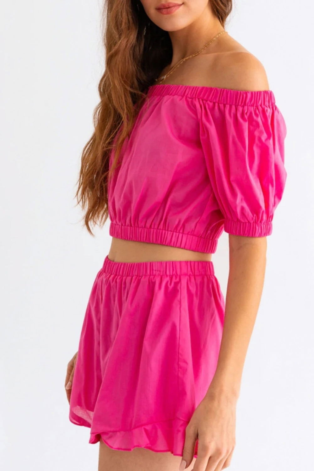 Le Lis Off Shoulder Crop Top and Ruffled Shorts Set - Fashionqueene.com-Le Lis Off Shoulder Crop Top and Ruffled Shorts Set