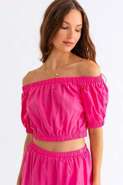 Le Lis Off Shoulder Crop Top and Ruffled Shorts Set - Fashionqueene.com-Le Lis Off Shoulder Crop Top and Ruffled Shorts Set