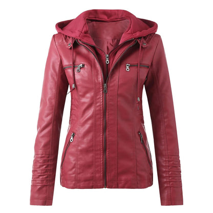 Leather Hooded Jacket Patchwork Solid Tops Winter Jacket For Women - Fashionqueene.com-leather jacket