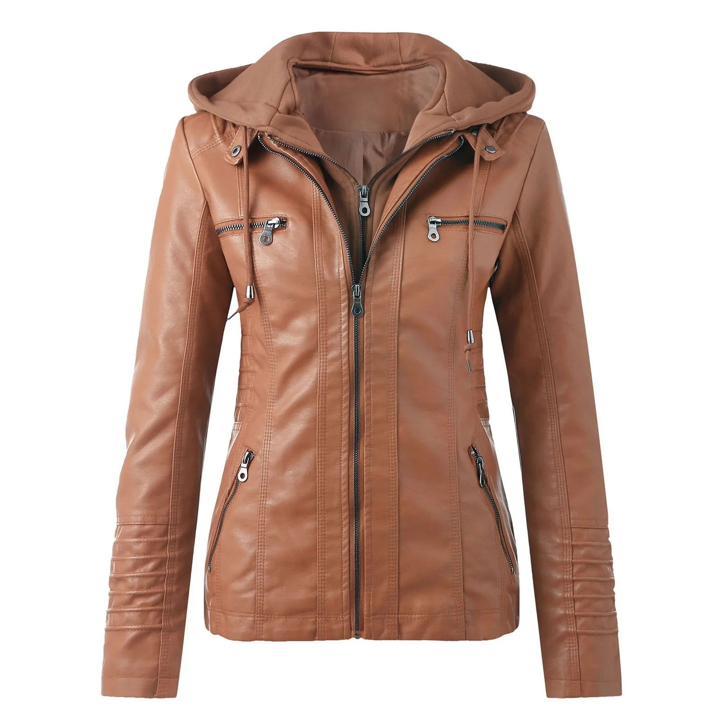 Leather Hooded Jacket Patchwork Solid Tops Winter Jacket For Women - Fashionqueene.com-leather jacket