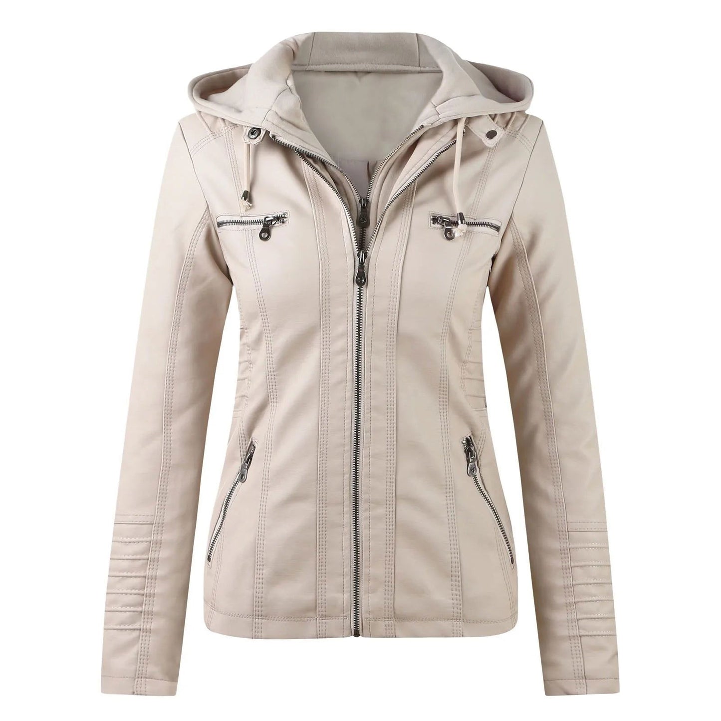 Leather Hooded Jacket Patchwork Solid Tops Winter Jacket For Women - Fashionqueene.com-leather jacket