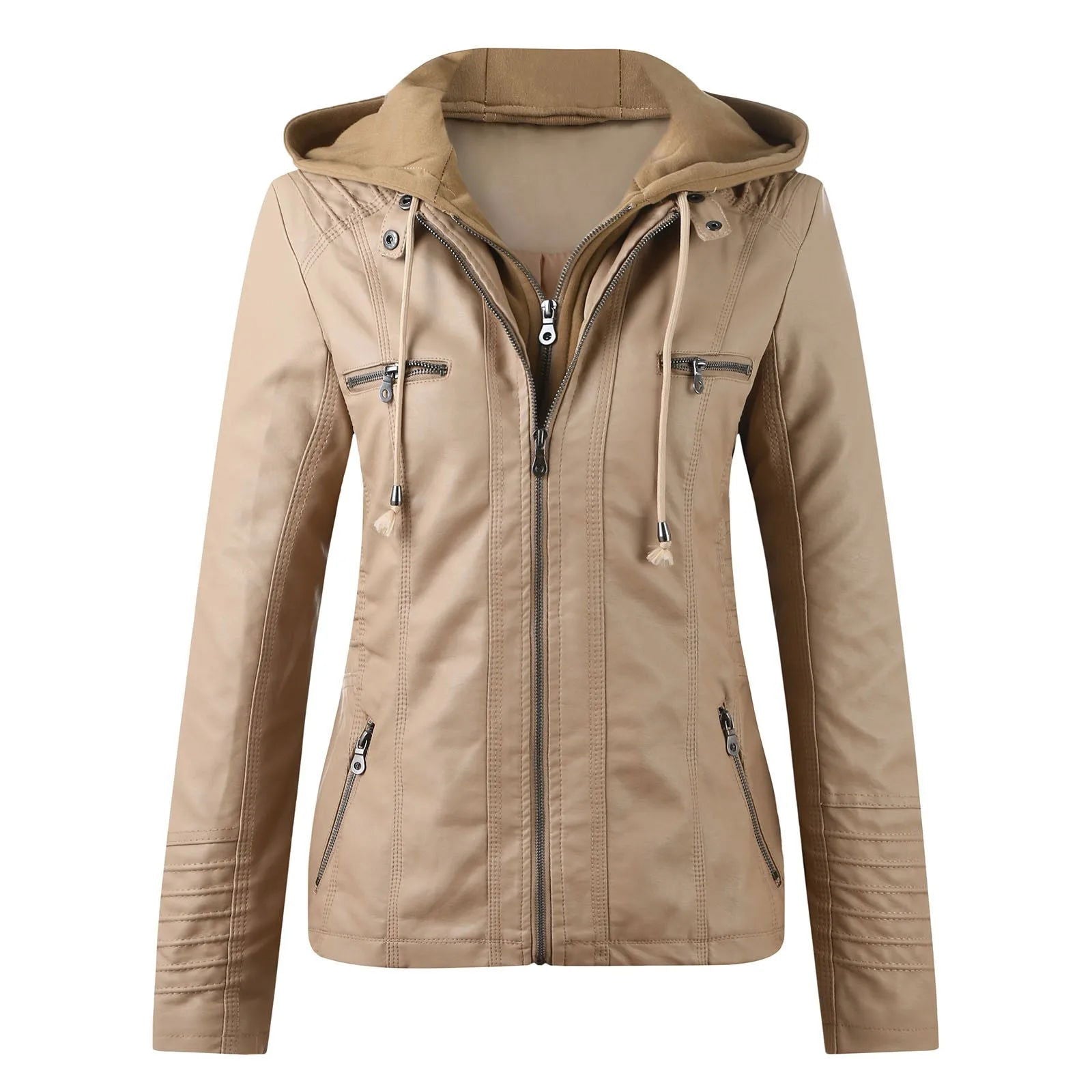 Leather Hooded Jacket Patchwork Solid Tops Winter Jacket For Women - Fashionqueene.com-leather jacket