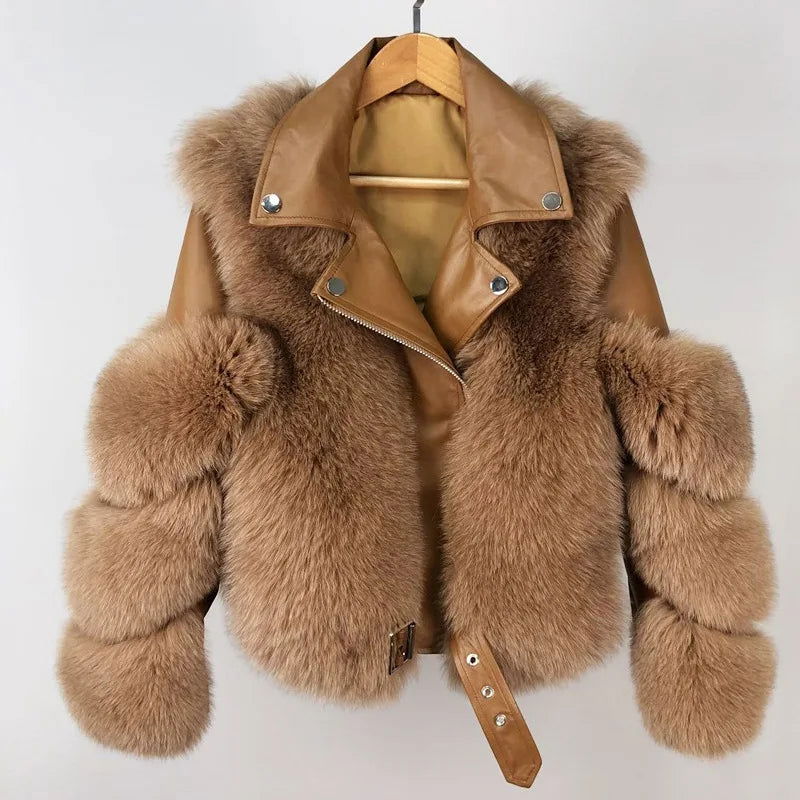 Leather Patchwork Faux Fox Fur Jackets Coat Thick High Quality Zipper - Fashionqueene.com-faux fur coat