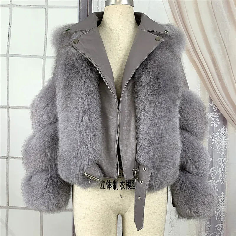 Leather Patchwork Faux Fox Fur Jackets Coat Thick High Quality Zipper - Fashionqueene.com-faux fur coat