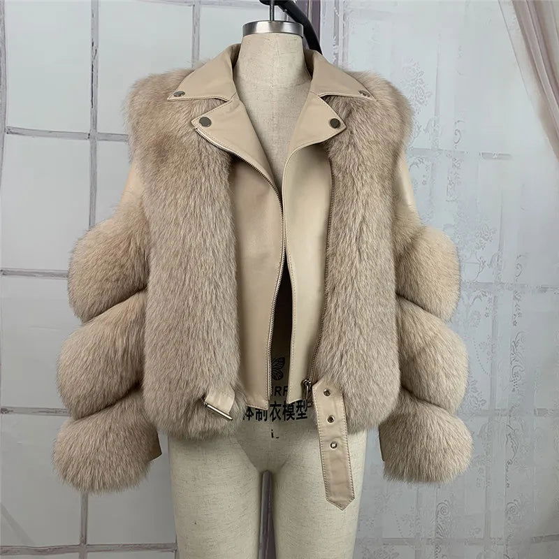 Leather Patchwork Faux Fox Fur Jackets Coat Thick High Quality Zipper - Fashionqueene.com-faux fur coat