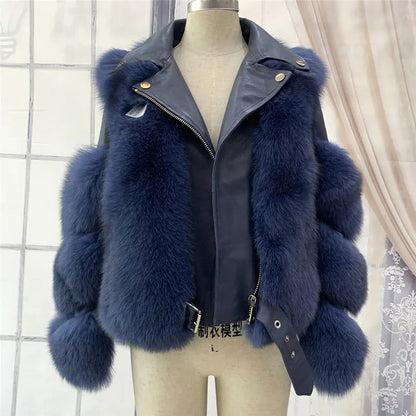 Leather Patchwork Faux Fox Fur Jackets Coat Thick High Quality Zipper - Fashionqueene.com-faux fur coat