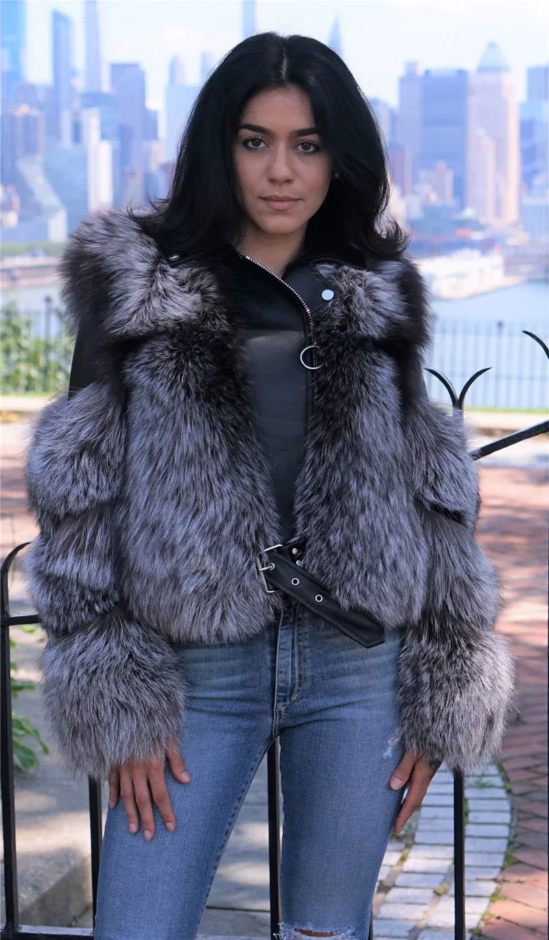 Leather Patchwork Faux Fox Fur Jackets Coat Thick High Quality Zipper - Fashionqueene.com-faux fur coat