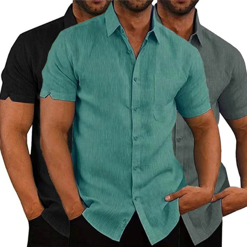 Linen Shirt For Men Casual Short Sleeved Solid Turn-Down Collar Formal - Fashionqueene.com-linen shirt