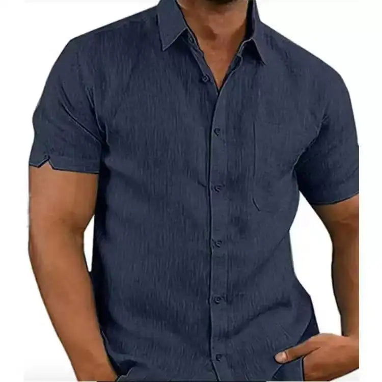 Linen Shirt For Men Casual Short Sleeved Solid Turn-Down Collar Formal - Fashionqueene.com-linen shirt