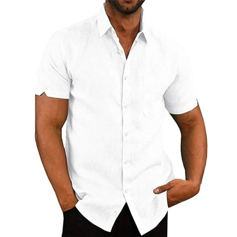 Linen Shirt For Men Casual Short Sleeved Solid Turn-Down Collar Formal - Fashionqueene.com-linen shirt