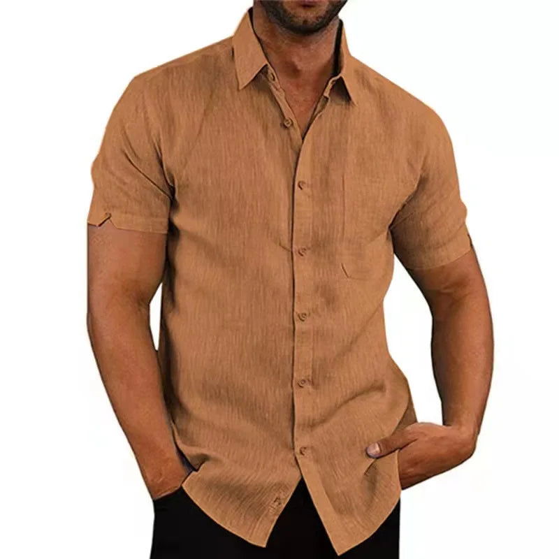 Linen Shirt For Men Casual Short Sleeved Solid Turn-Down Collar Formal - Fashionqueene.com-linen shirt