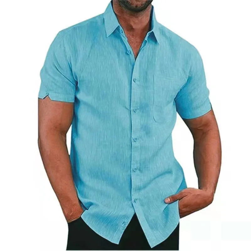 Linen Shirt For Men Casual Short Sleeved Solid Turn-Down Collar Formal - Fashionqueene.com-linen shirt