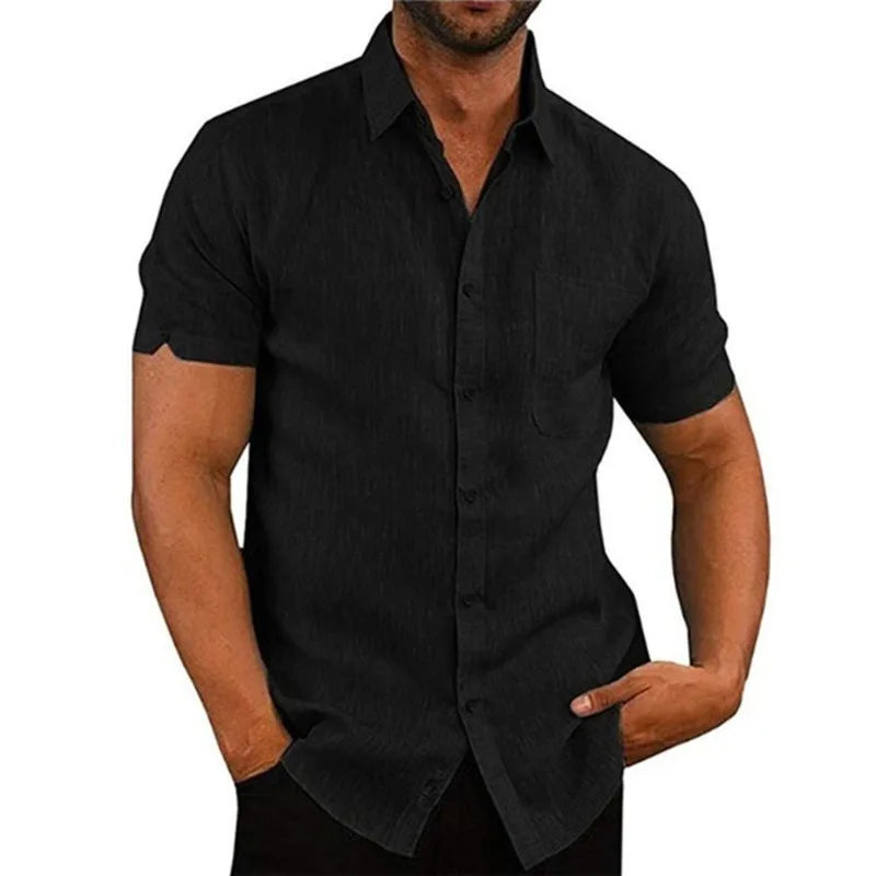 Linen Shirt For Men Casual Short Sleeved Solid Turn-Down Collar Formal - Fashionqueene.com-linen shirt