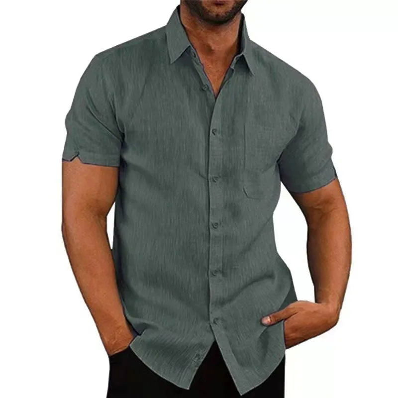 Linen Shirt For Men Casual Short Sleeved Solid Turn-Down Collar Formal - Fashionqueene.com-linen shirt