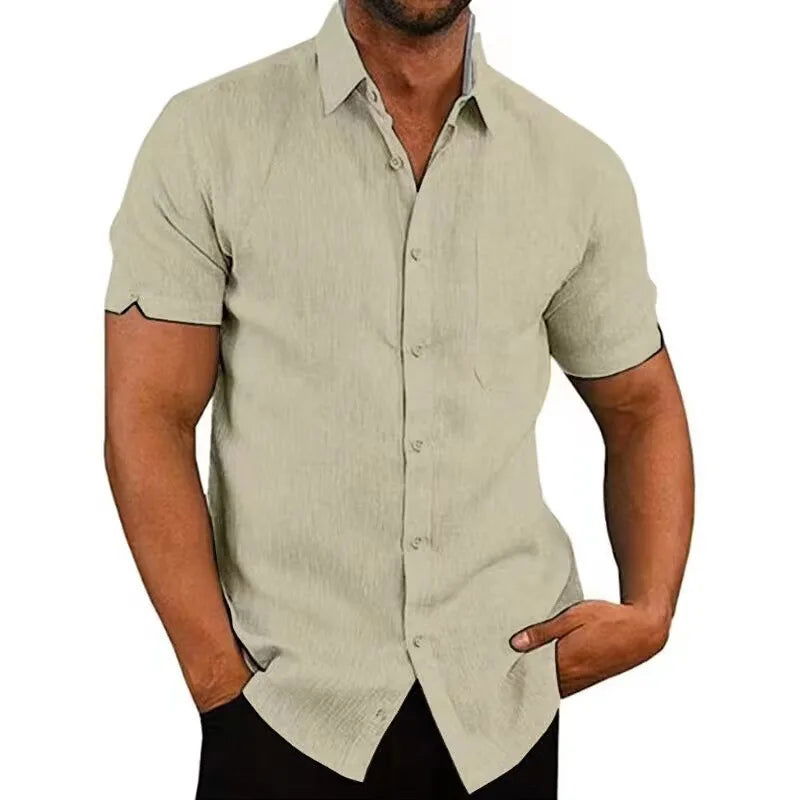 Linen Shirt For Men Casual Short Sleeved Solid Turn-Down Collar Formal - Fashionqueene.com-linen shirt