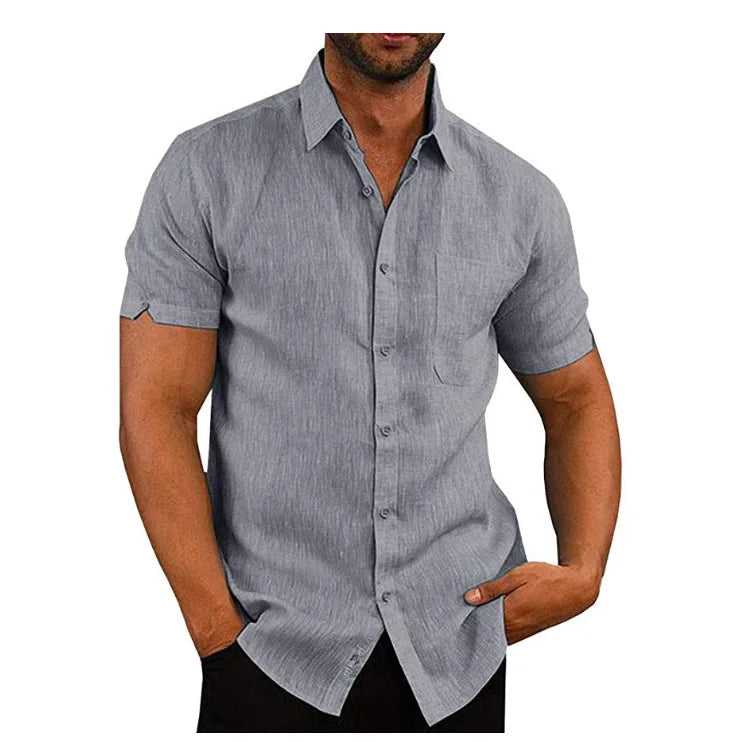 Linen Shirt For Men Casual Short Sleeved Solid Turn-Down Collar Formal - Fashionqueene.com-linen shirt