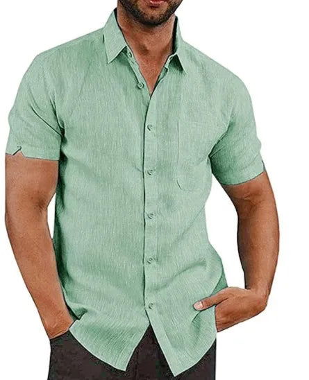 Linen Shirt For Men Casual Short Sleeved Solid Turn-Down Collar Formal - Fashionqueene.com-linen shirt