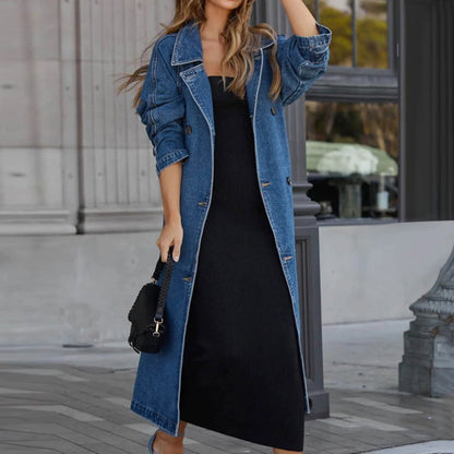 Long Jean Jacket Loose Fit Double Breasted Denim - Fashionqueene.com-long denim coat