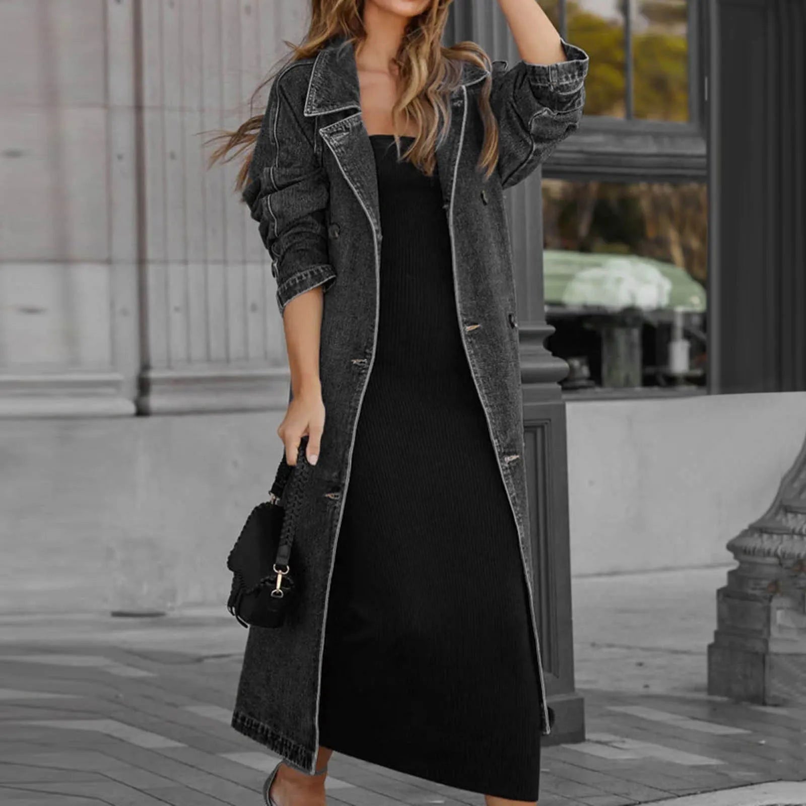 Long Jean Jacket Loose Fit Double Breasted Denim - Fashionqueene.com-long denim coat