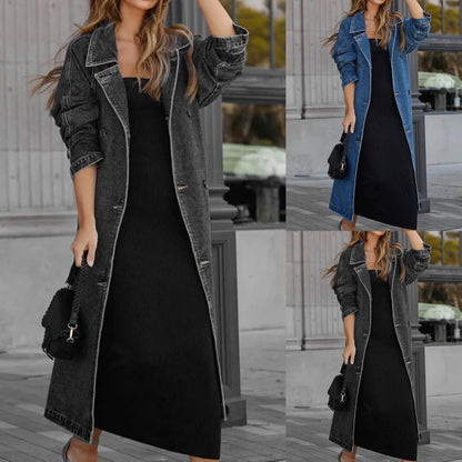 Long Jean Jacket Loose Fit Double Breasted Denim - Fashionqueene.com-long denim coat