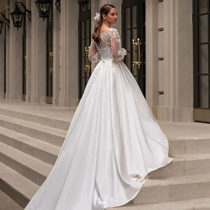 Luxury Lace Appliques Wedding Dresses A Line Fuffy Ruched Satin Ball Gowns Long Sleeve Formal Bride Beach Party Vestido De Novia - Fashionqueene.com-