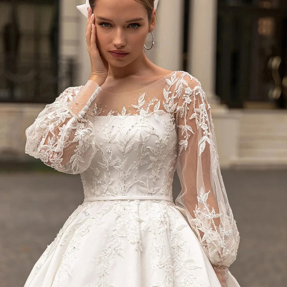 Luxury Lace Appliques Wedding Dresses A Line Fuffy Ruched Satin Ball Gowns Long Sleeve Formal Bride Beach Party Vestido De Novia - Fashionqueene.com-