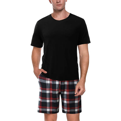 Mens 2 Piece Set Solid Short Sleeve Plaid Shorts Suit Streetwear - Fashionqueene.com-outfit set